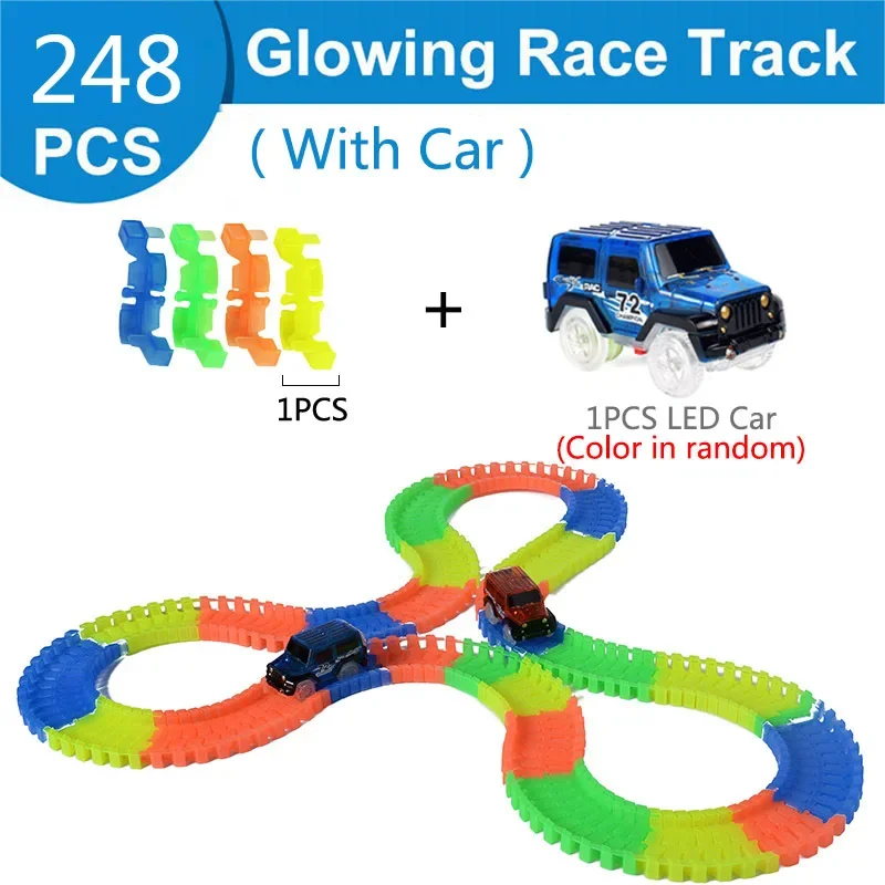 Ferrocarril mágico y brillante para niños, pista Flexible de carreras, carril curvo, Led, luz Flash electrónica, coche de juguete DIY, regalo para