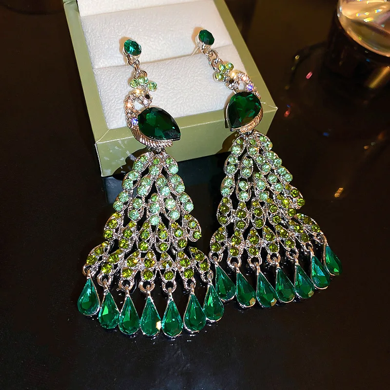 Luxury Peacock Rhinestone Earrings Ladies Long Green Crystal Drop Earrings for Women Weddings Bride Jewelry