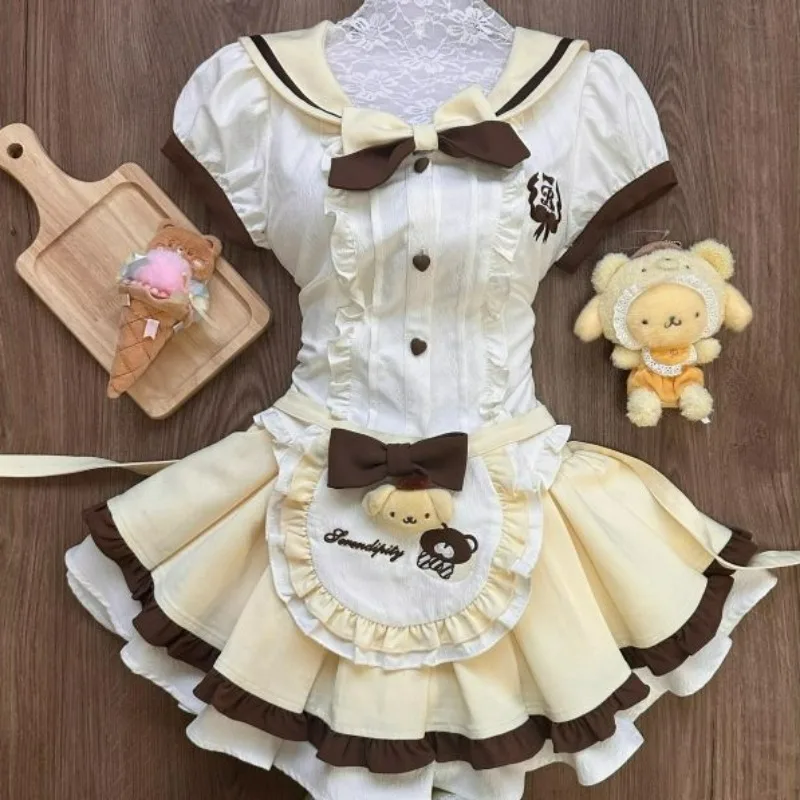 Japanese Sweet Lolita Style Skirt Set Women Kawaii Sailor Collar Bow Shirt Top Cute Pleated Skirt Y2k with Apron Mini Skirt Suit