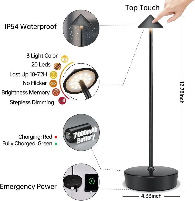 Cordless Led Table Desk Lamp 2 Pack, 7000mAh Battery Outdoor Table Light Waterproof for Restaurant Patio Camping Home Decor, USB