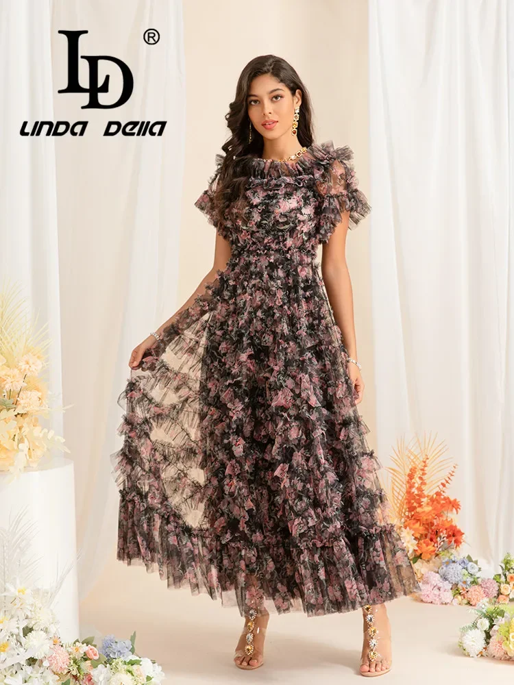 LD LINDA DELLA 2024 Cross-border Women Europe and the United States New French Sen-style Printed Yarn Mesh Princess Long Dress
