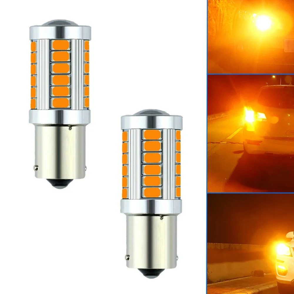 Luces LED de señal de giro para coche, Bombilla trasera de freno de marcha atrás, Canbus sin Error, color amarillo ámbar, 2 piezas, 1156 BAU15S PY21W 33SMD