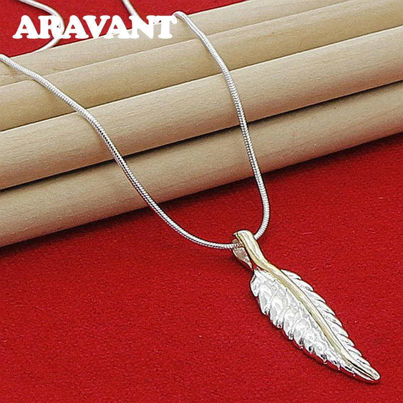 

925 Silver Feather Pendants Necklace Snake Chains For Women Men Fashion Jewelry