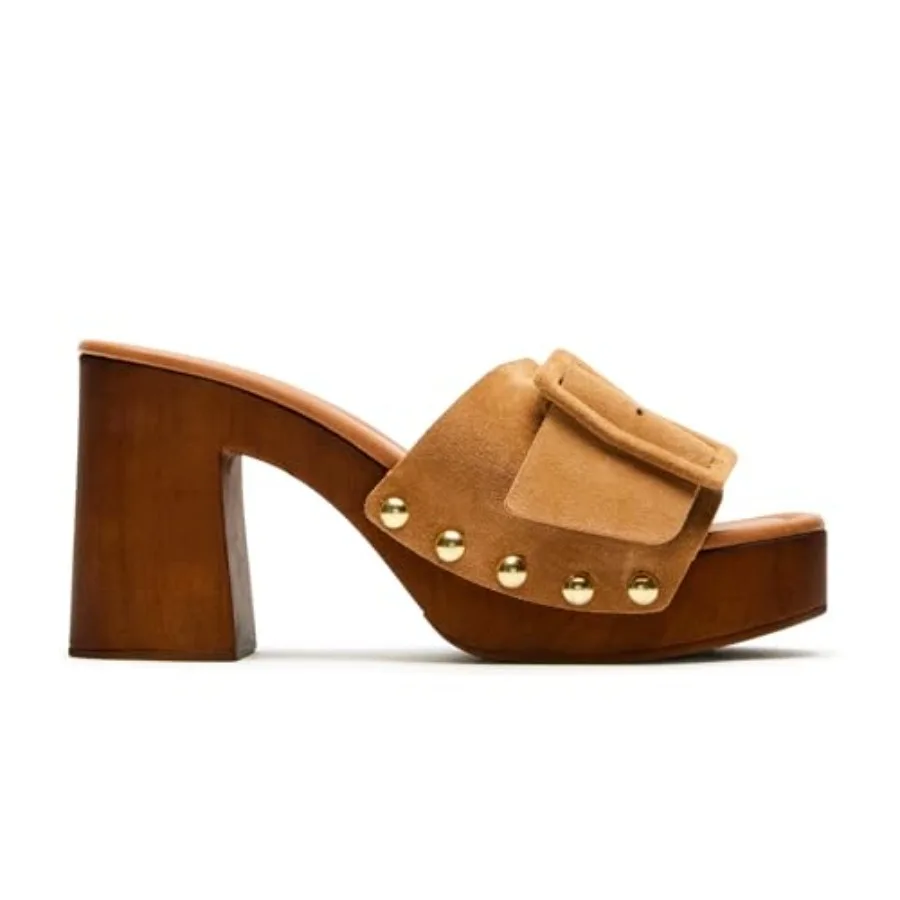

VICKI·VICKI Women's Platform Chunky Heels Sandals Suede Buckle High Block Heeled Sandals Sexy Open Toe Studded Slip On Slides f