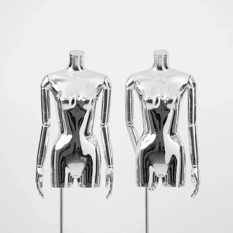 Silver Electroplated Female Half Body Mannequin Torso Display Stand for High End Clothing Store Window Dress Form Prop