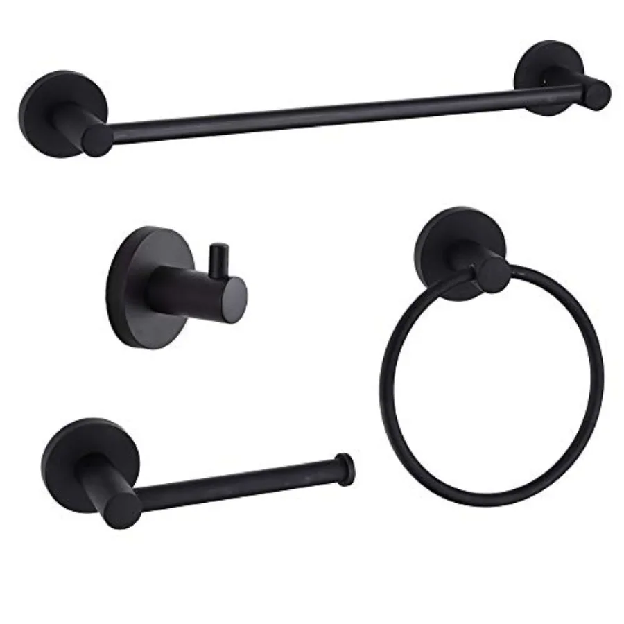

4-Piece Bathroom Hardware Set Black Wall Mounted Robe Hook Wall Toilet Paper Holder Towel Ring Adjustable Towel Bar 18''-24'' B