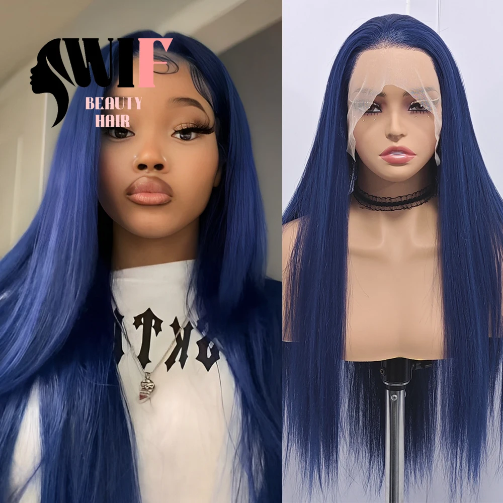 

WIF темно-синий синтетический парик шнурка шелковый прямой свободный парик шнурка фронтальные термостойкие женские косплей использование синие волосы