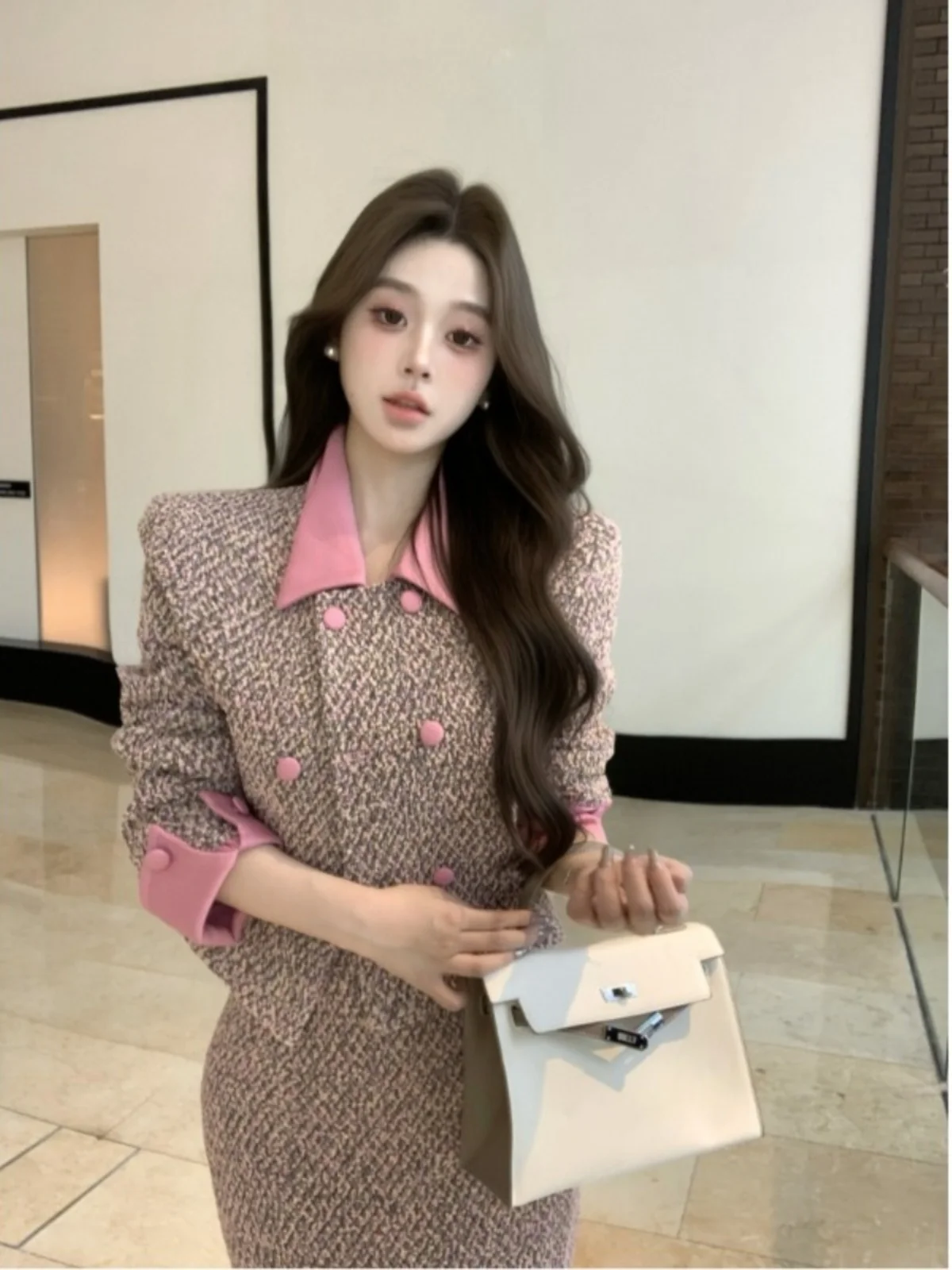 Graceful Autumn Set Women Elegant Sweet Lapel Color Matching Long sleeve Outerwear Age-Reducing Versatile Slimming Skirt