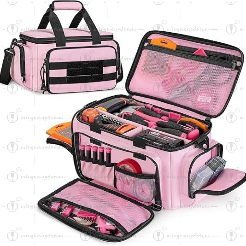 Pink Handheld Tool Bag with Anti-Wear Base, Multi-Pocket Storage Pouch for Electricians Carpenters Repairmen