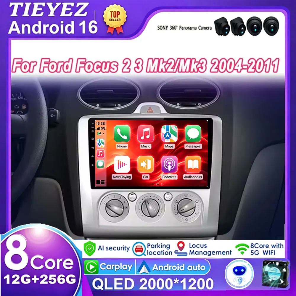 Android 16 Car Radio for Ford Focus 2 3 Mk2 Mk3 2004-2011 Multimedia Player with Navigation GPS 2Din Carplay Stereo DVD WIFI