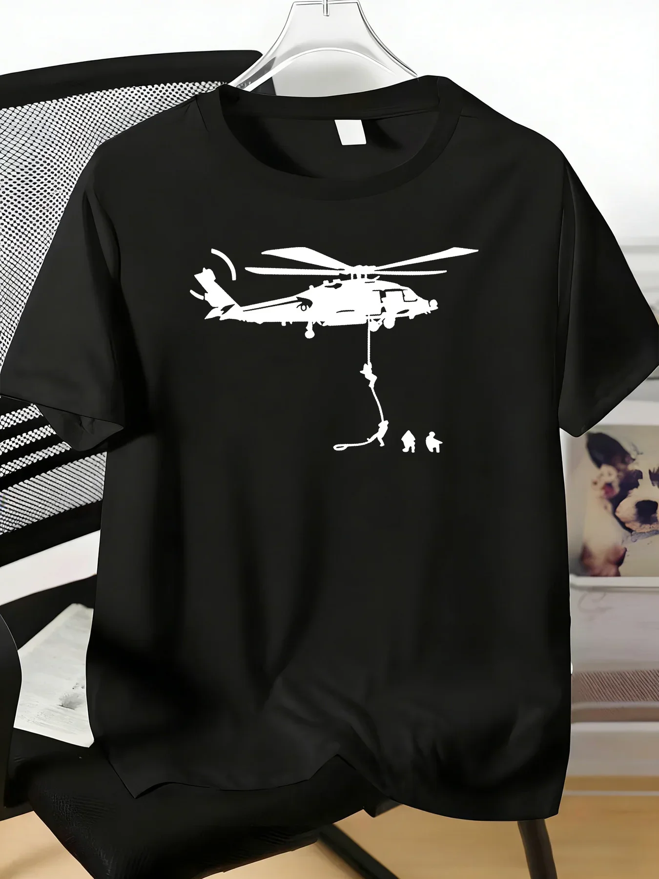 Male Dark Navy Crew Neck T Shirt Army Rescue Helicopter Troop Silhouette Graphic Soft Short Sleeve Veteran Casual Holiday Shirts