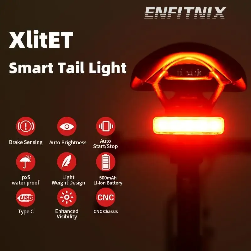 Enfitnix XlitET Auto Start Stop Brake Sensing Flashlight for Bicycle Rear Light LED USB Charging Cycling XlIte100 Taillight