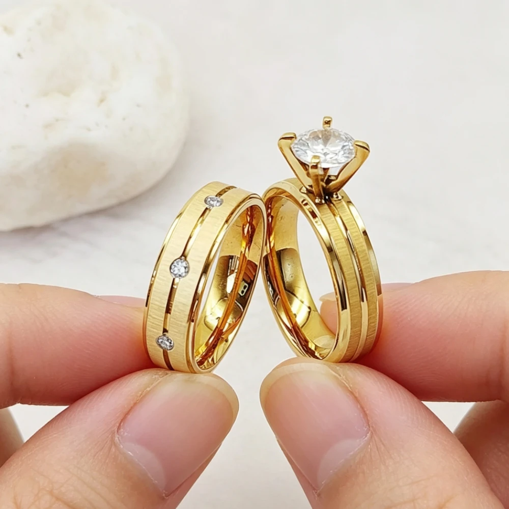 2pcs Ladies Wedding Engagement Rings Bridal Sets women Matte Brushed 24k Gold Plated Jewelry Love commitment alliance
