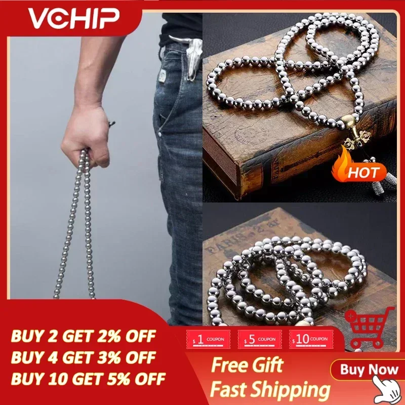 Tactical 8MM Steel Chain 118-128 Ps Buddha Beads Self Defense Hand Bracelet Necklace EDC Outdoor Tools Self Protection Survival