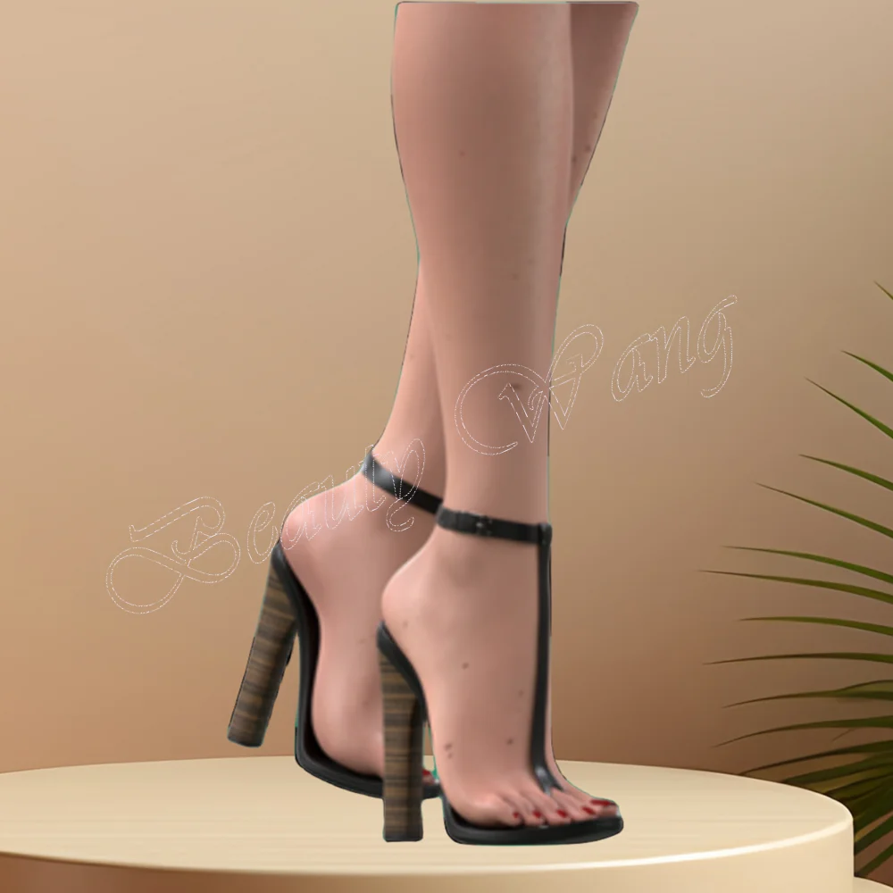 Black Wooden Heel T Strap Sandals Thick High Heel Shoes for Women New Runway High Heels 2023 Zapatillas Mujer