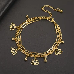My Shape Lotus Flower Bracelets for Women Girls Stainless Steel 2 Layers Chains Adjustable Buddha Yoga Bangle Vintage Jewelry