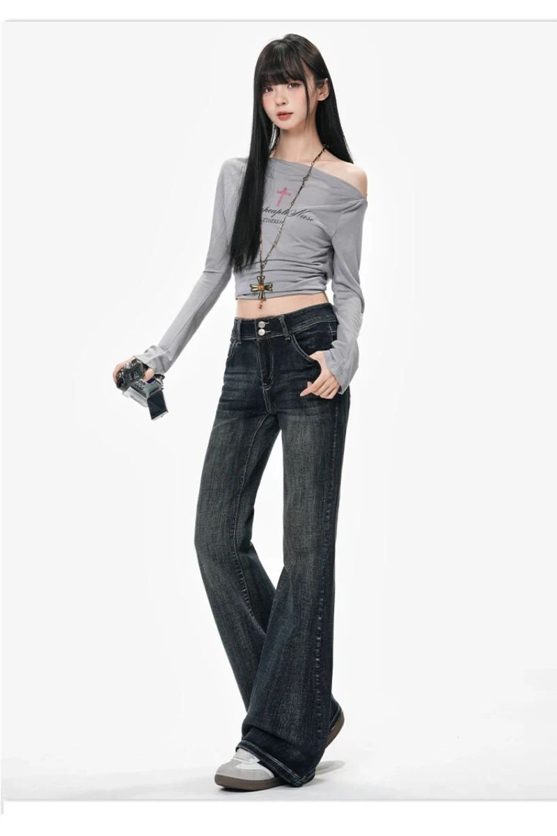 Y2k Pantaloni Jeans Donna Vita alta Svasato Bootcut Azzurro Grigio Stretch Pancia Controllo Pantaloni a gamba larga Autunno Inverno Nuovo