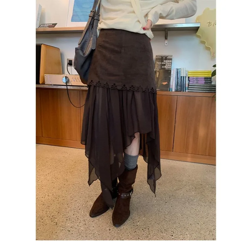不規則な鹿革ベルベットカジュアルミッドレングススカート女性 2026 春ハイウエストソリッドカラーカジュアルメッシュステッチ A ラインスカート