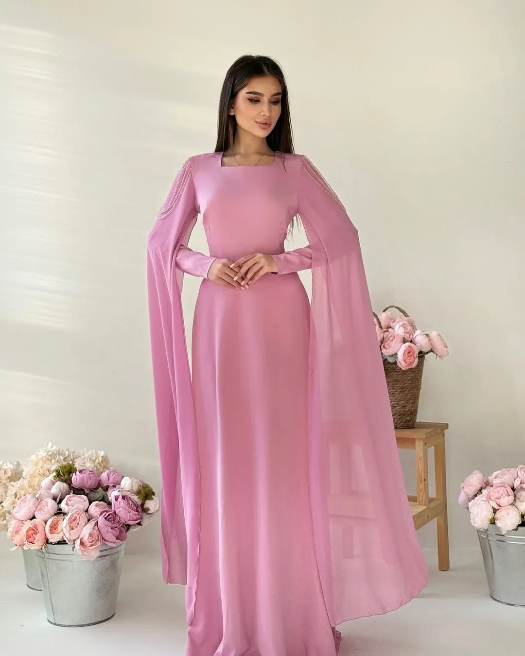 

Customized Square Neck with Cape Long Sleeves Evening Dresses A-line Pleated Chiffon Floor Length Prom Dresses Party Dresses