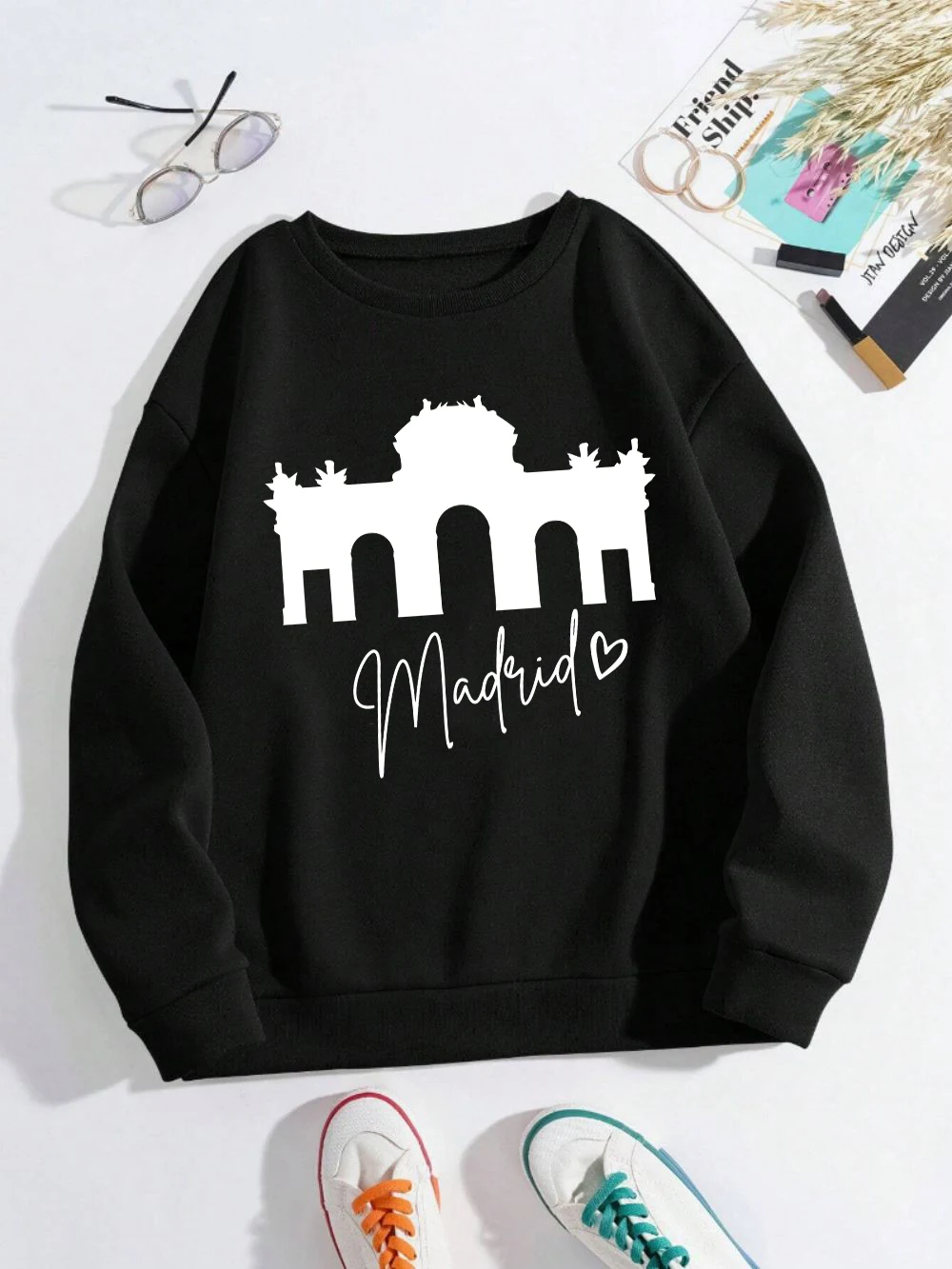 Madrid Alcala Schiebetür Druck Frauen Pullover Mehrfarbig 0-Neck Sweatshirt Herbst Lose Kleidung Fleece Y2K Frau Streetwear