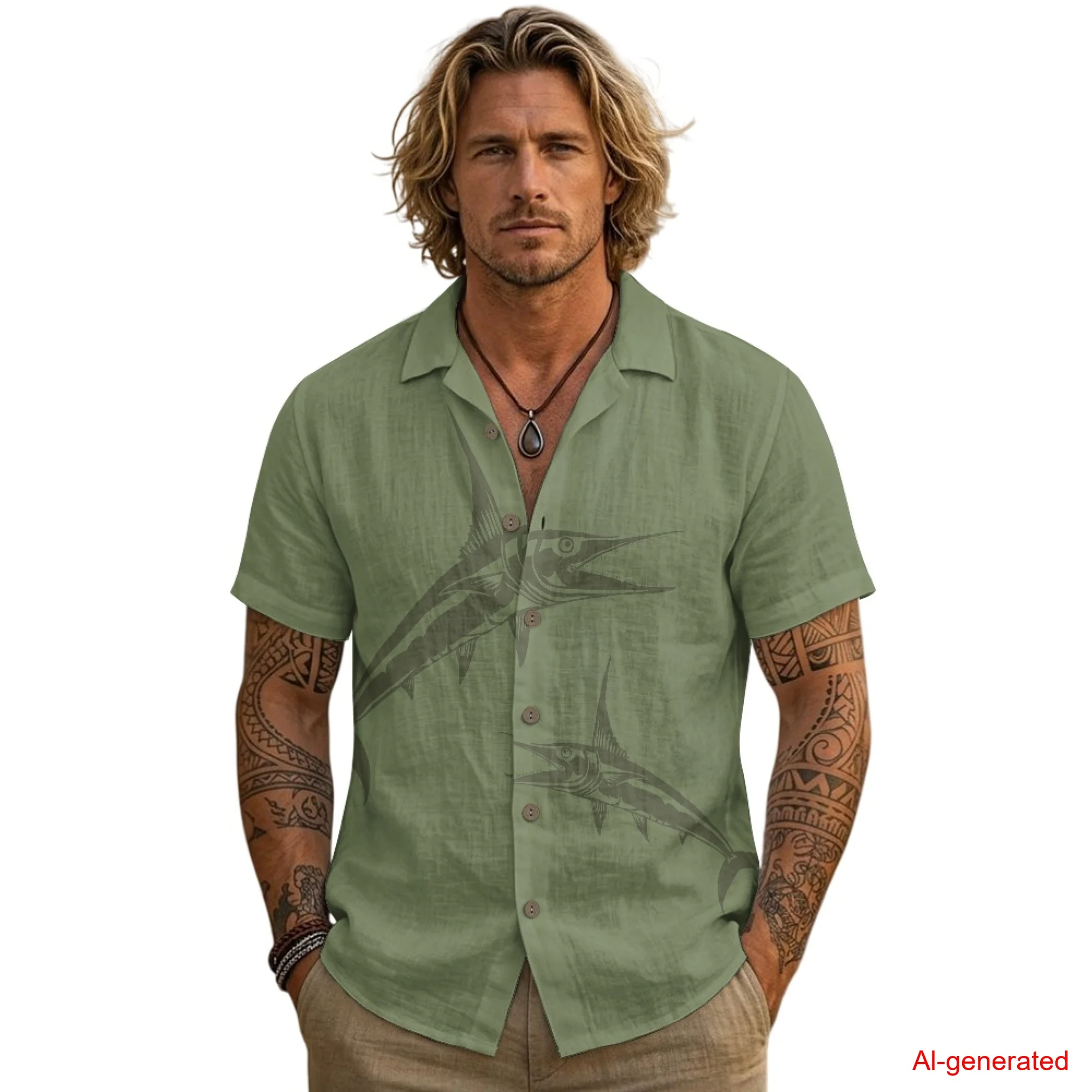 

INSTANTARTS Men's Linen Short-Sleeved Shirt Green Tuna Button Down Shirt for Men Short Sleeve Casual Top Fishing Outfits S-3XL