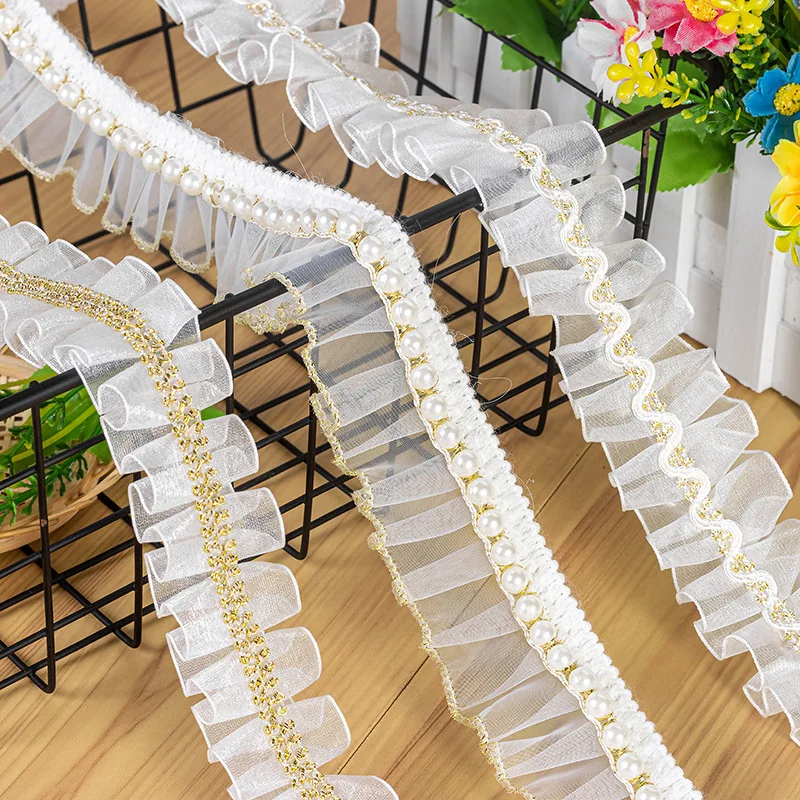 Wholesale 3style for Choose Gold Thread and Bead Small Fragrance Decoration DIY Pleated Lace Trim Handmade Trim Accessory SC840