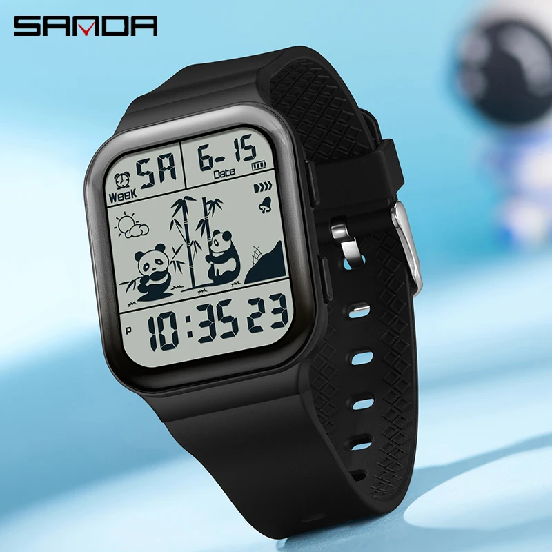 SANDA New Student Gradient Electronic Watch Outdoor Sports Waterproof  Panda Pattern Square design Trend Men's and Women's Watch