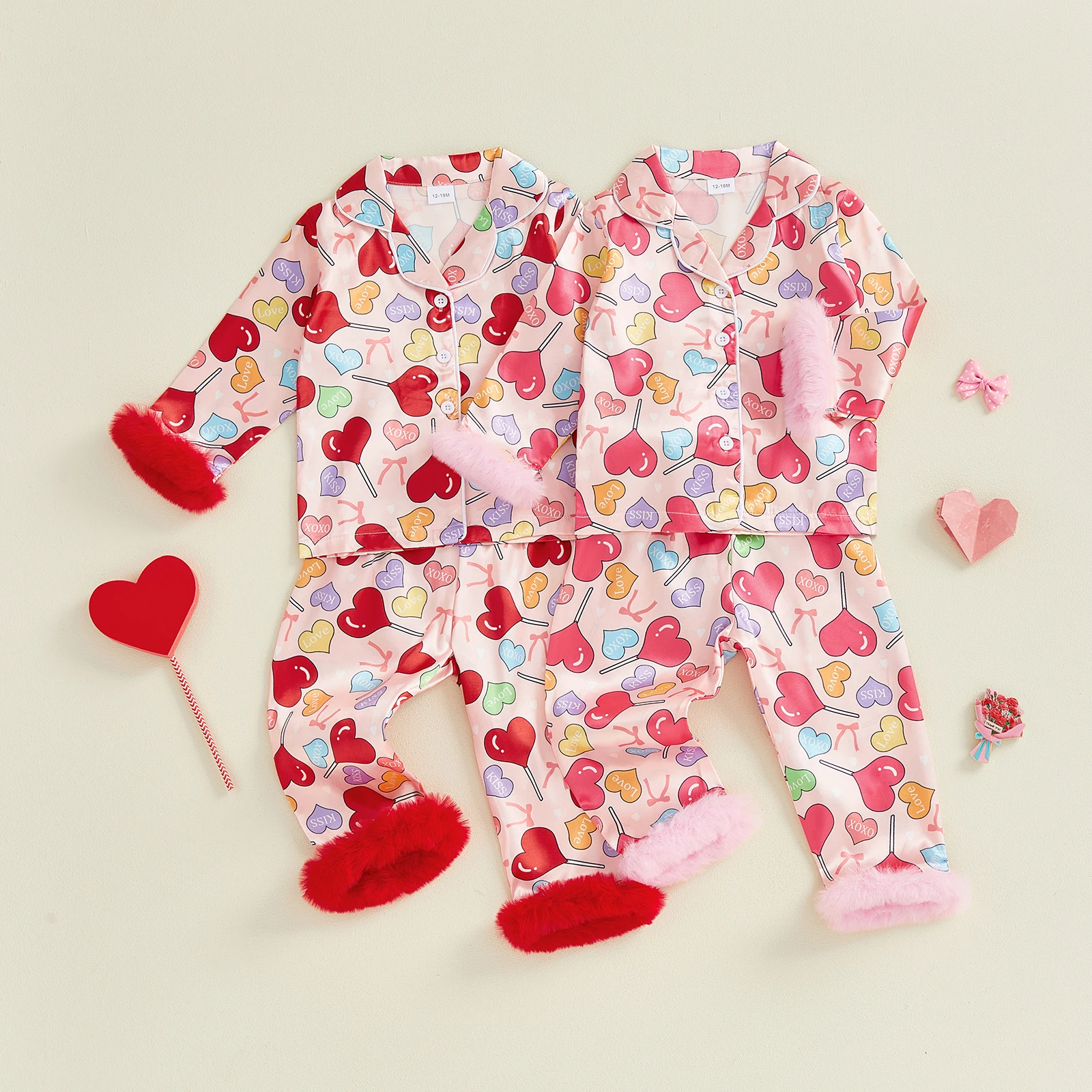 2Pcs Valentine's Pajamas Sets for Toddler Girl Long Sleeve Lapel V Neck Heart Print Tops Elastic Waist Pants Sleepwear Homewear