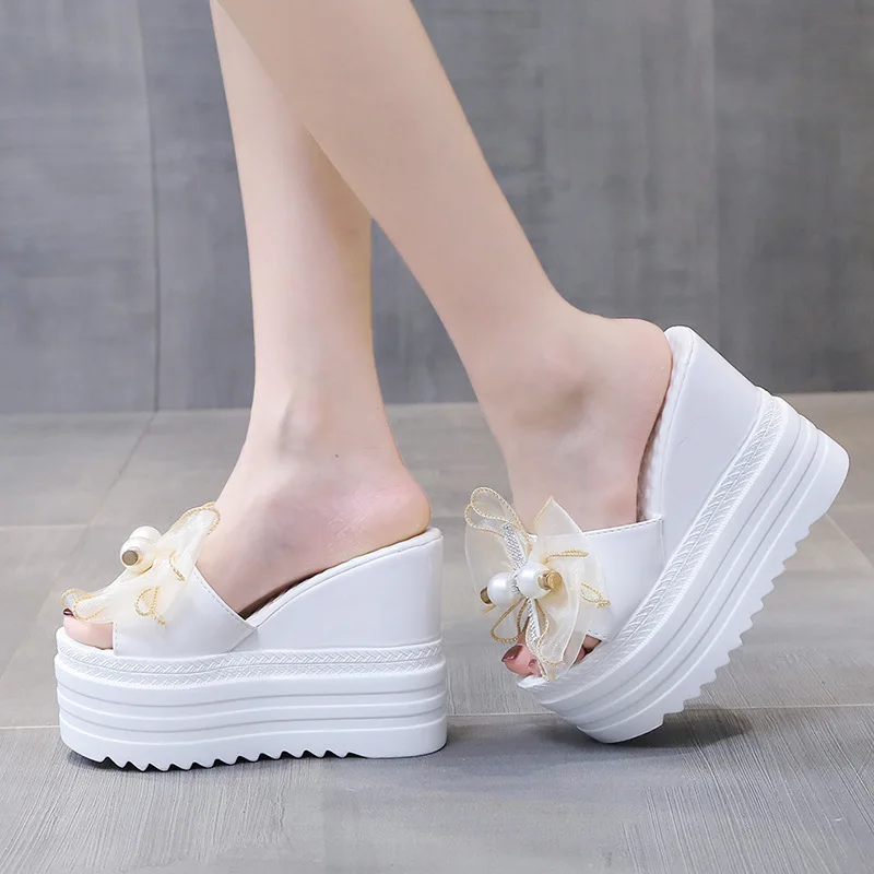 2025 Summer Outdoor Women's Slippers Rhinestone Double Bow Height-increasing Slides Wedge Heels and Sponge Fish Mouth Sandals