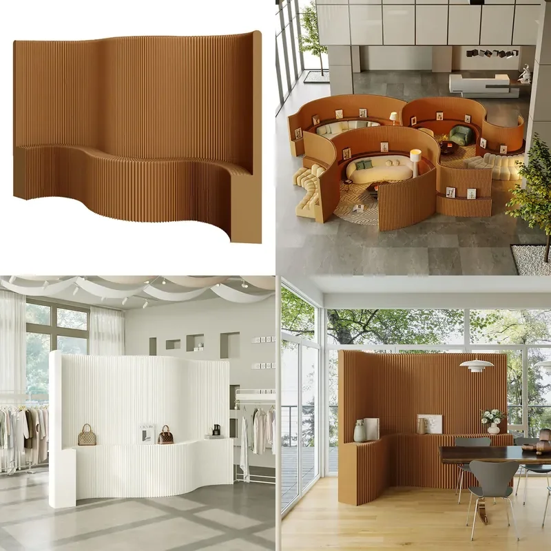 Mobile Kraft Paper Room Divider with Storage Shelves Non-Punching Folding Screen Partition for Office Hall Display Rack