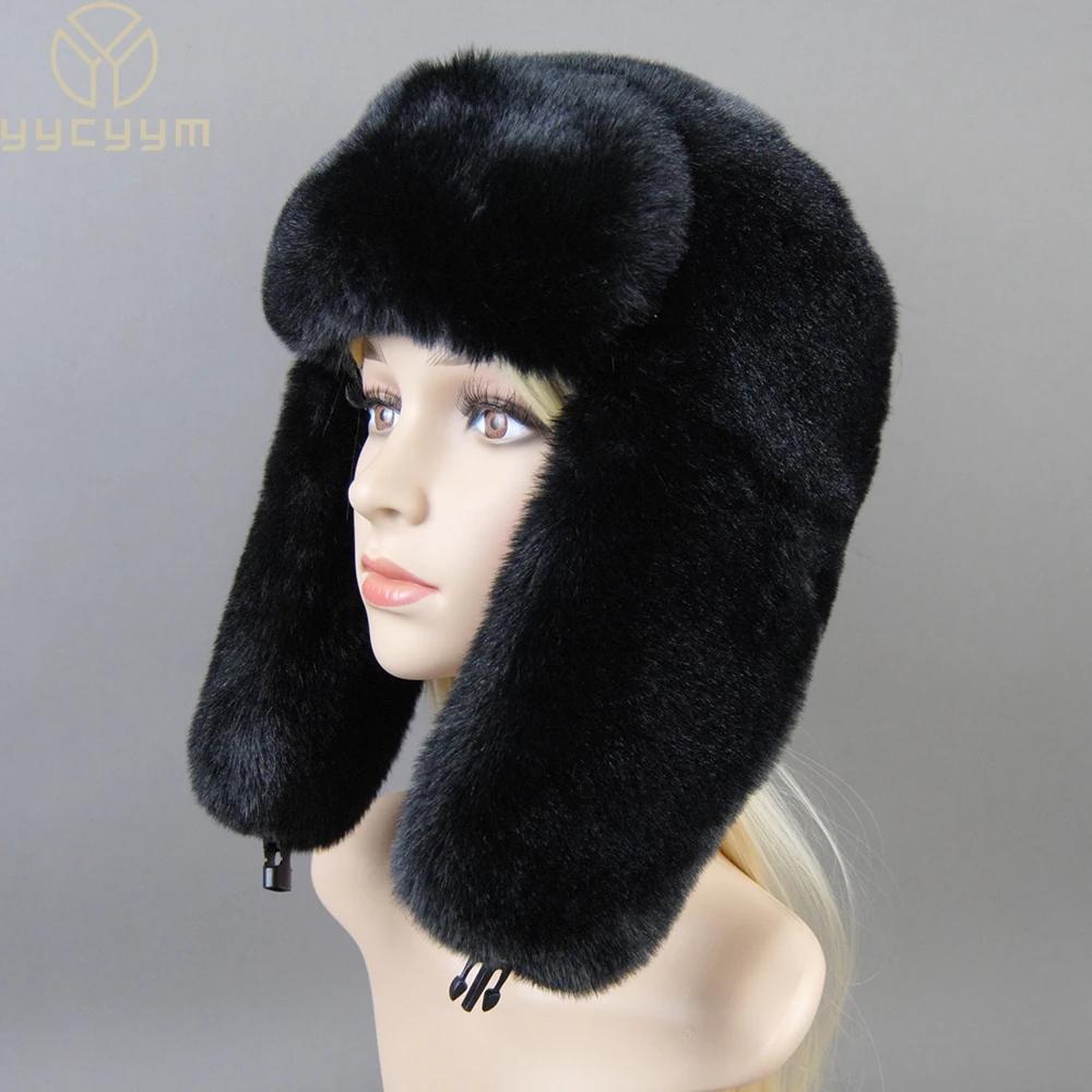 

Winter Russian Woman Fashion False Rex Rabbit Fur Hats Luxury False Rex Rabbit Fur Leather Cap Women’s Artificial Fur Bomber Hat