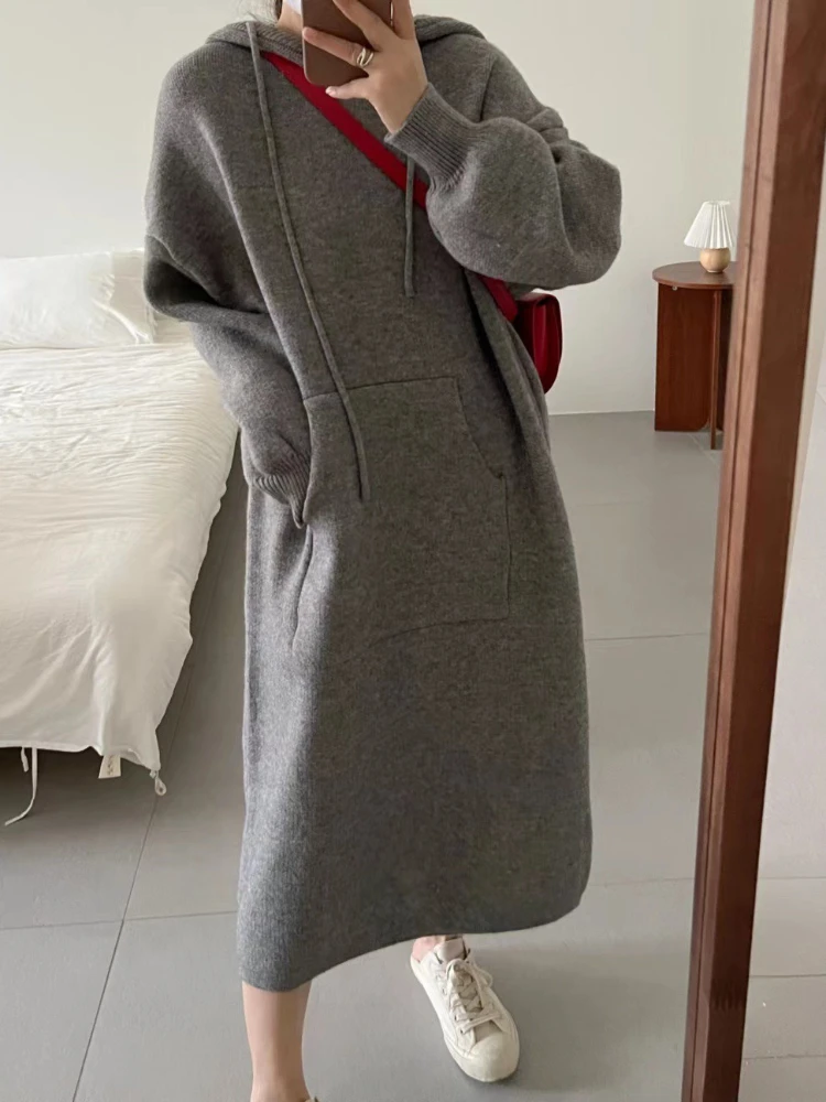 Jesienno-zimowe bluzy z kapturem, sukienki swetrowe dla kobiet, modne sukienki midi z koronkowym wiązaniem na dole, z kapturem, długie sukienki, ciepłe, codzienne, luźne bluzy.