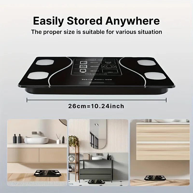 Smart bathroom scale, digital body weight scale, featuring a backlit LED display and durable tempered glass,