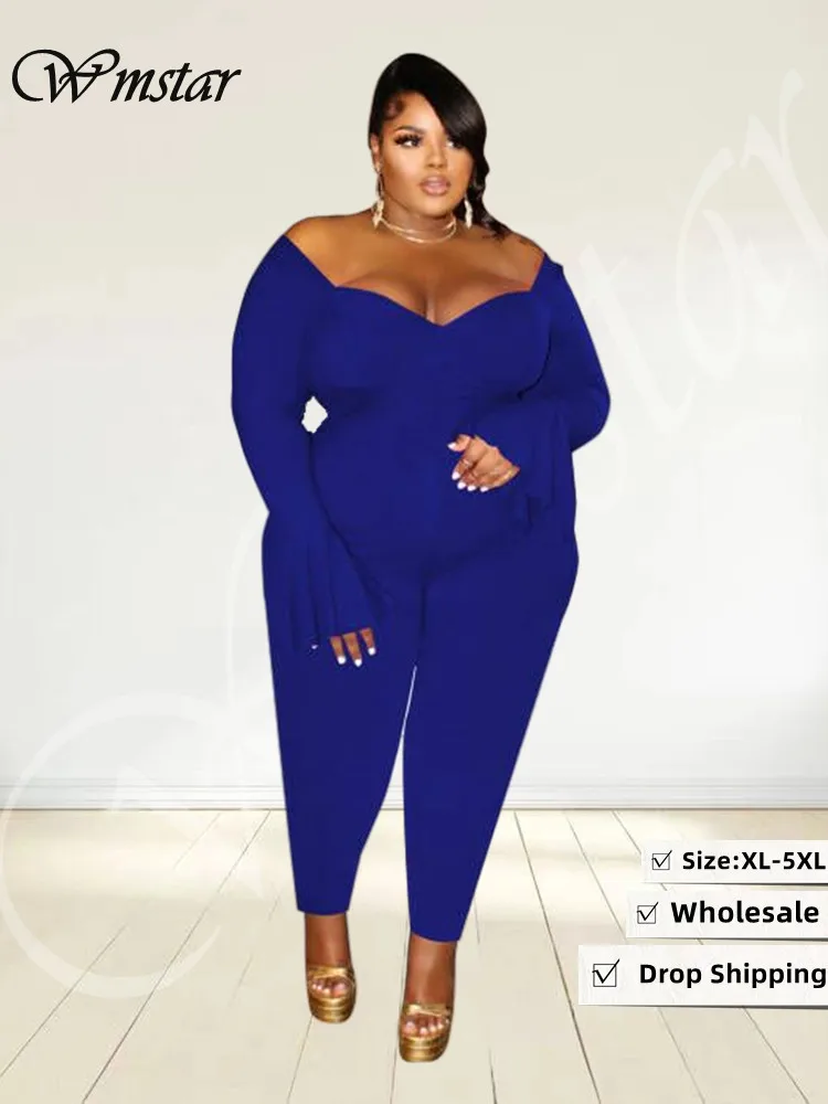 Wmstar plus size mulheres macacão 2022 roupas de outono queimado manga longa sólido decote em v bodysuit 2022 novo estilo atacado dropshipping