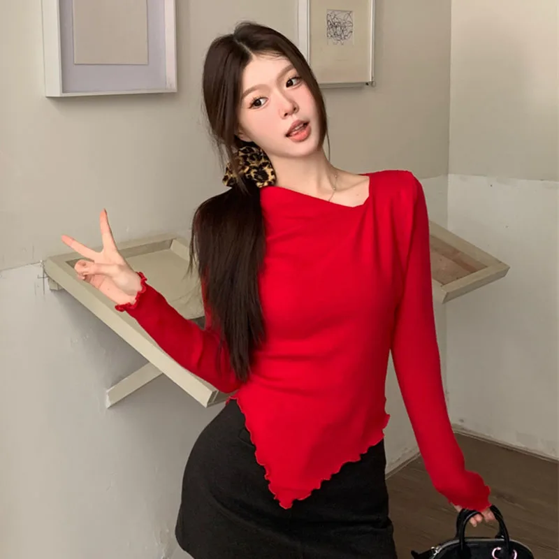 Korean Long Sleeve T Shirt Women Autumn Winter Chic Irregular Knitted Slim Tops Fashion Casual All Match Red Bottoming Shirt New