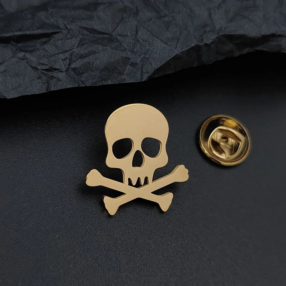fashion Danger Sign Brooch men Stainless Steel skull Hip Hop Rock Style Jewelry Accessory 3 Color Gold Plated Lapel Pin