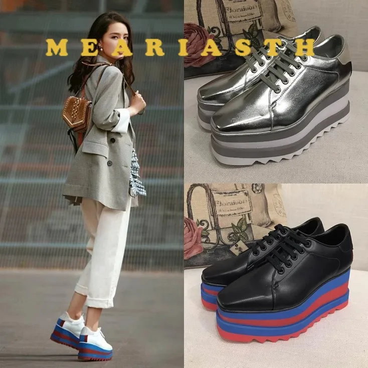 

Hot Flat Platform Spring Summer Shoes Woman Lace Up Leather Flats Design Square Toe Mixed Color Increasing Flats Superstar Shoes