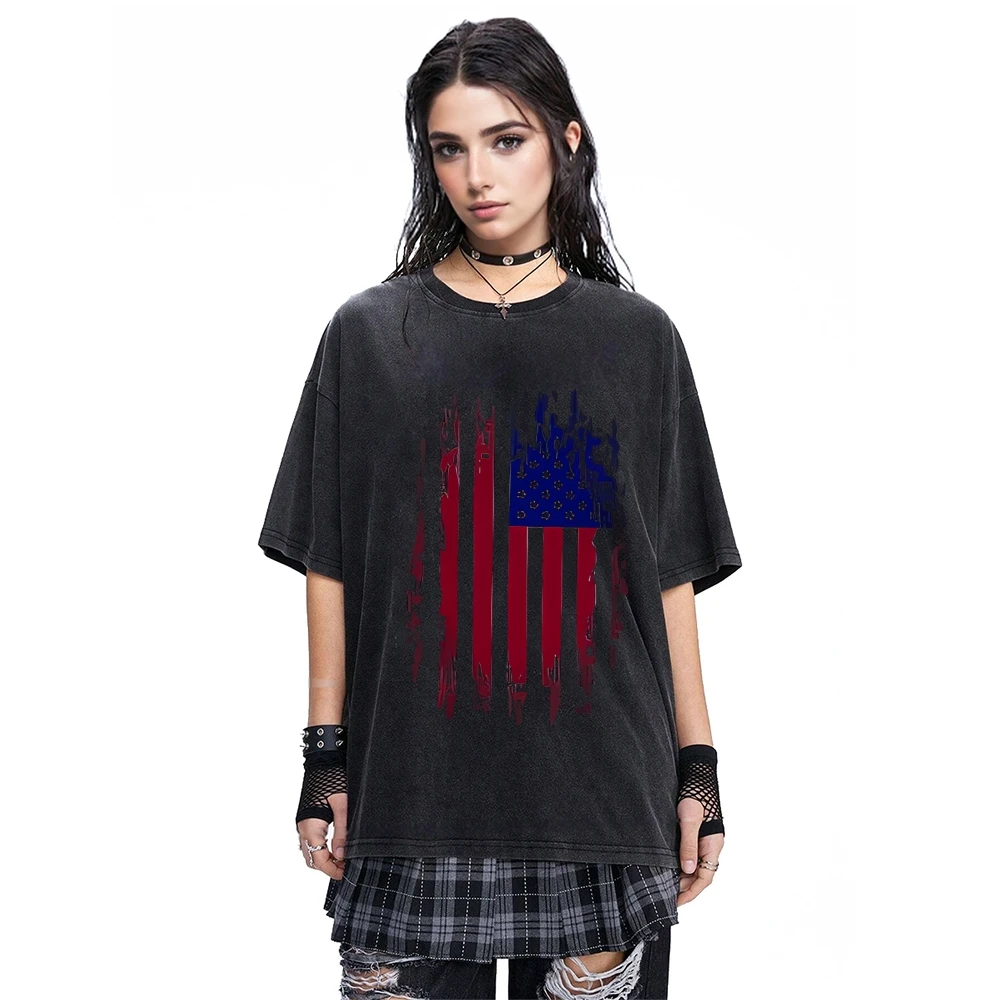 

Летняя потертая хлопковая футболка с принтом американского флага, свободный крой, повседневный топ с круглым вырезом и короткими рукавами для мужчин и женщин
