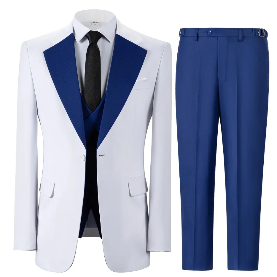 Men 3 Pcs Suit Set Slim Fit Contrast Lapel Notch Peak Shawl Vest Pants