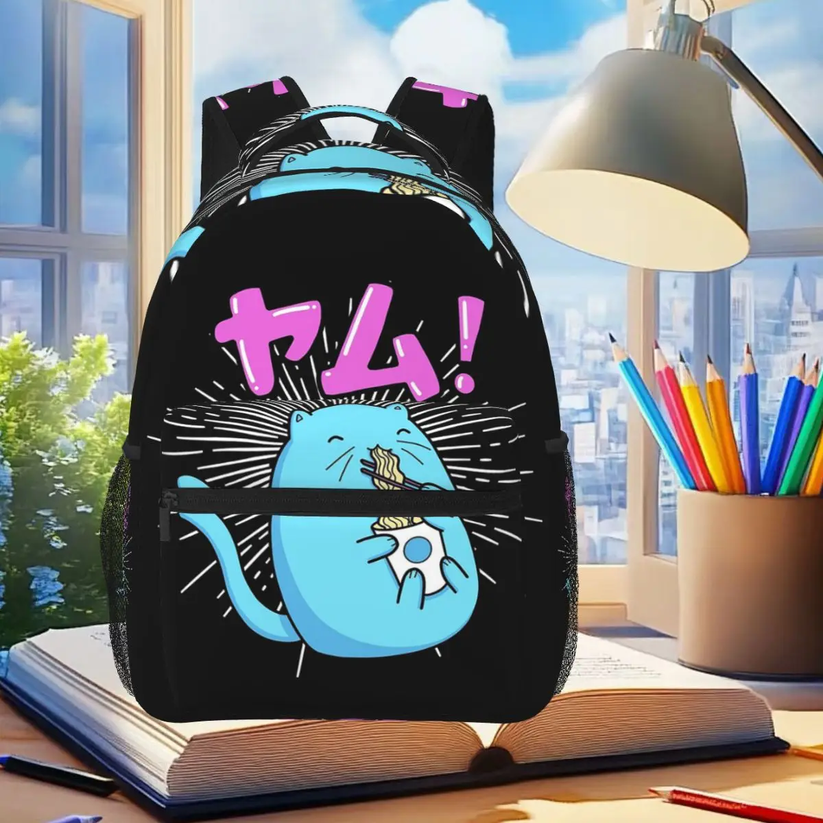 

A Cat Consuming Noodles Backpack Student Boys Girls BookBag Children School Bag Computer Shoulder Bags for Men Women