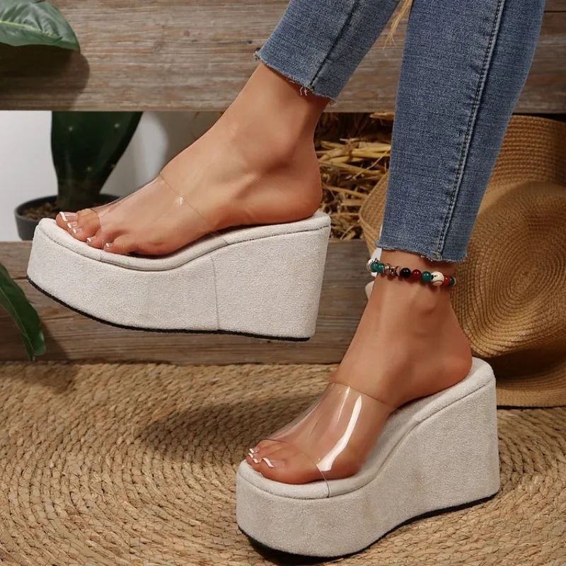 

Women's Transparent PVC Peep Toe Slide Sandals 2026 Summer 10cm Wedge High Heels Slippers for Women Platform Casual Sandales