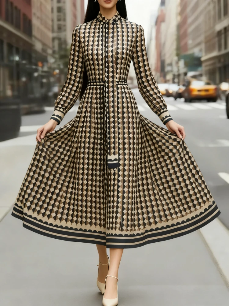 فستان نسائي من Beautyblue بأكمام طويلة وياقة واقفة فساتين ماكسي موضة هندسية المعين فضفاضة أنيقة عالية الخصر رداء نسائي