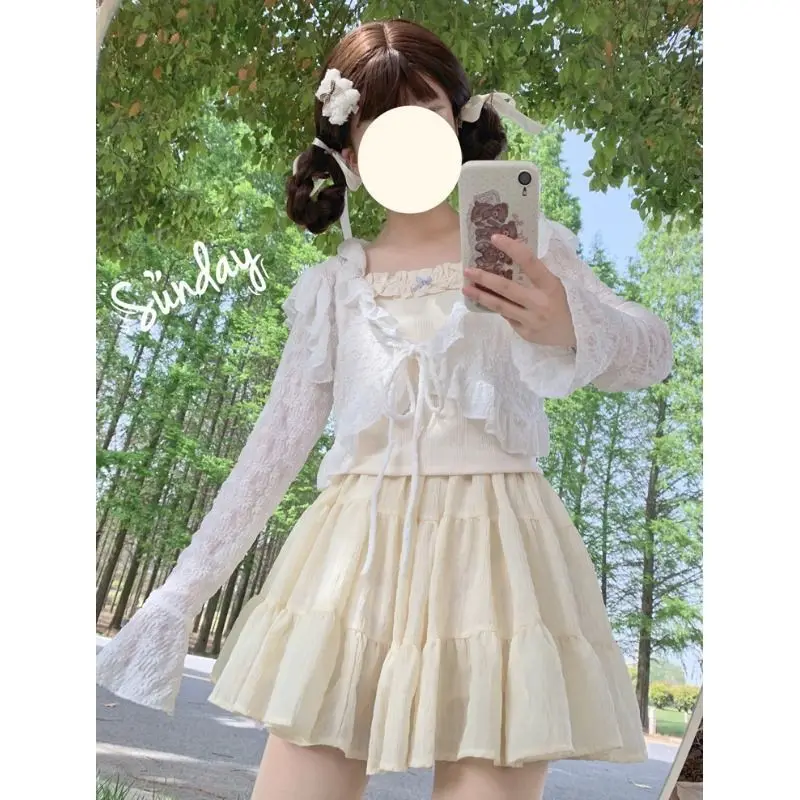 Japanese Kawaii Lolita Thin Sunscreen Cardigan Women Summer Cute V-Neck Ruffles Long Sleeve Lace Sweet Loose Cropped Cardigan