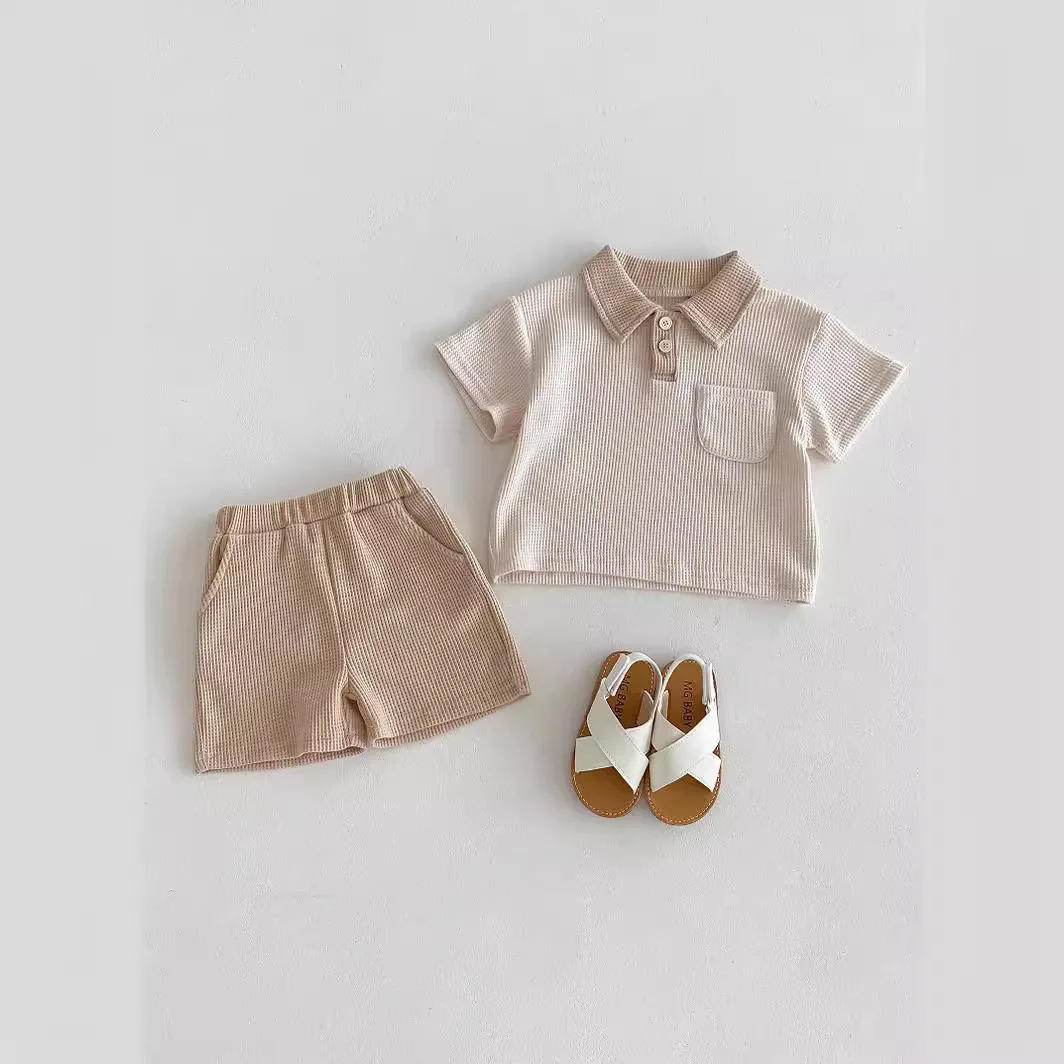 

South Korea's New Boys Summer Baby Casual Suit Waffle Small Lapel Short-sleeved T-shirt Shorts Two-piece Set