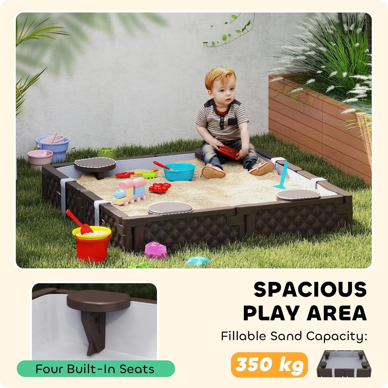 Sandbox per bambini con coperchio, fossa di sabbia da 47 "con rivestimento inferiore impermeabile, 4 sedili incorporati, scatola di sabbia per esterni resistente alle intemperie fo