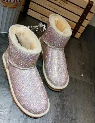 Winter Girls White Black Colorful Bling Full Crystal Rhinestone Round Toe Flat Short Mid-calf Snow Boots Warming Cotton Shoes