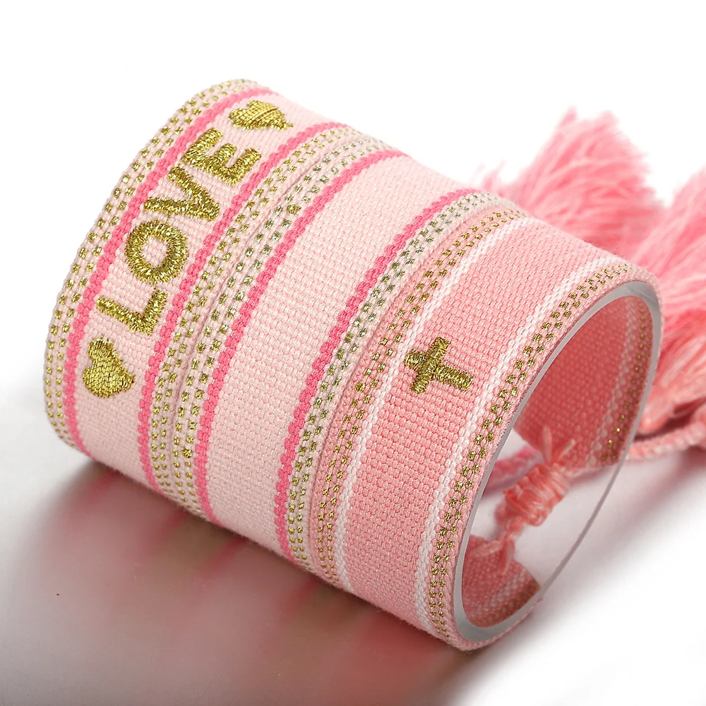 ALLYES Vintage Letter Love Cross Embroidery Hand Woven Bracelet Adjustable Stackable Pink Cotton Fabric Knitted Tassel Bracelets
