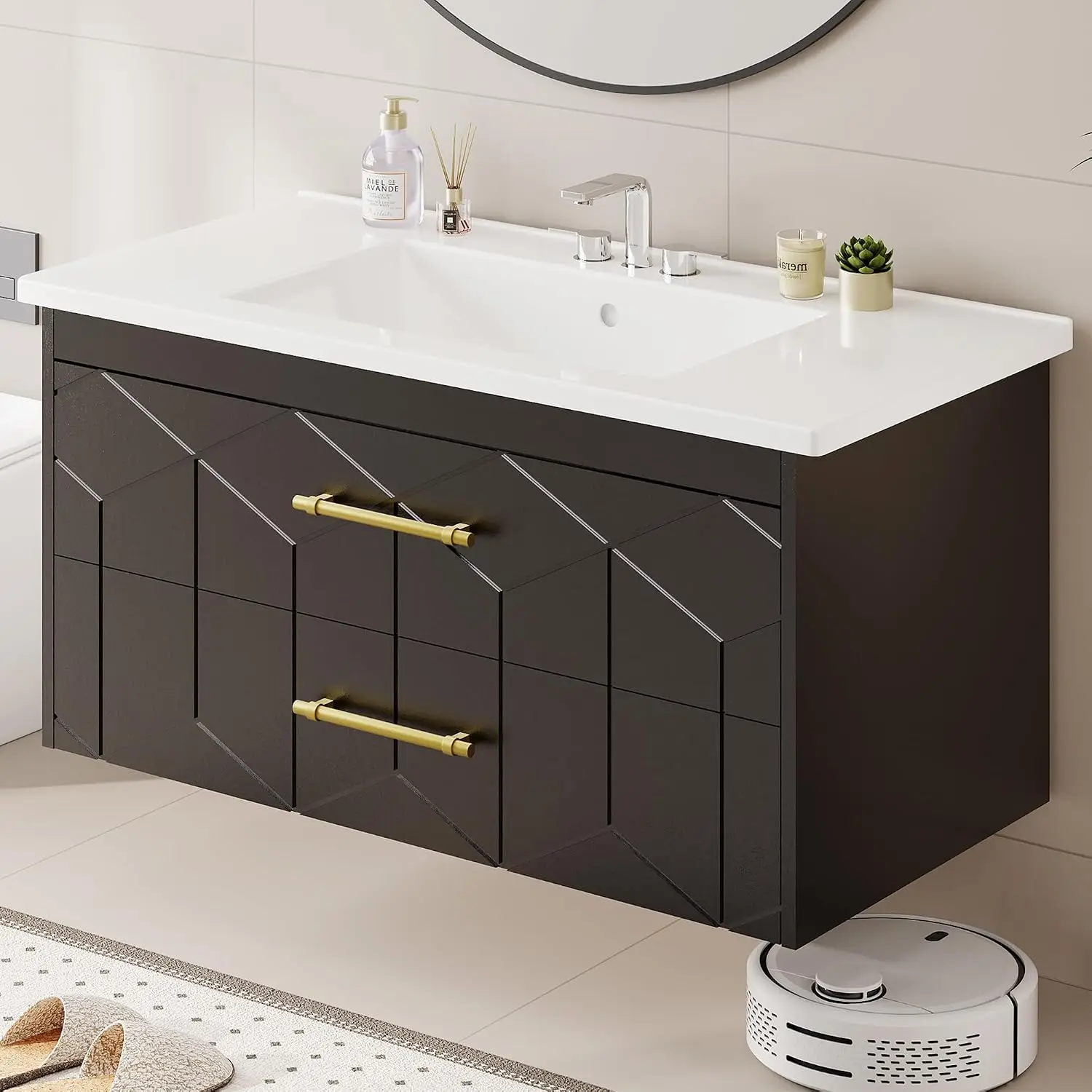 Floating Bathroom Vanity with Sink 36 inch, Modern Bathroom Sink Cabinet, Ceramic Vanity Top, 2 Large Storage, Customized