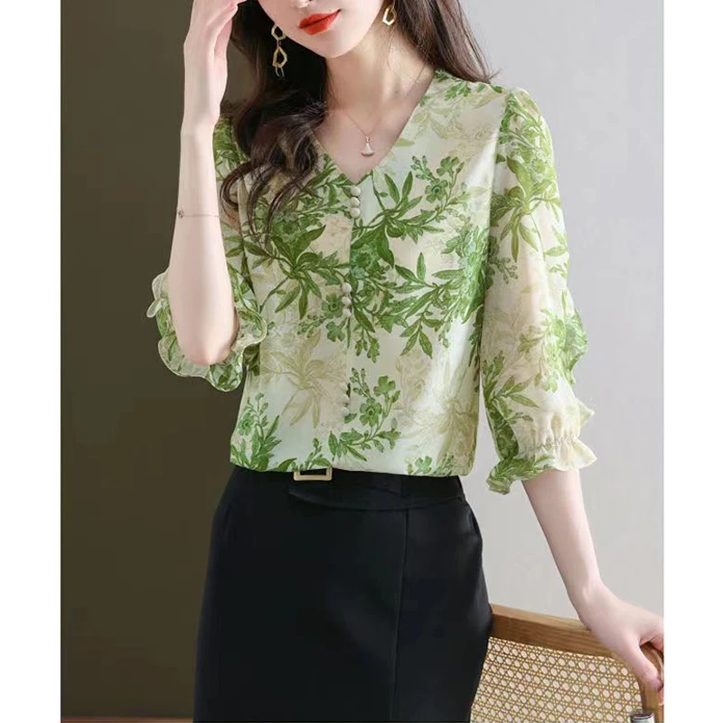 Women Korean Style Ruffle Print Sweet Elegant Blouse Summer Fashion V Neck 3/4 Sleeve Shirt Chic Casual Loose Chiffon Top Blusas