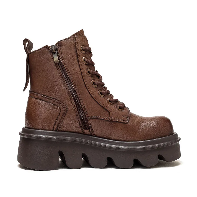 DRKANOL Winter Warm Ankle Boots For Women Genuine Cow Leather Handmade Retro Jagged Sole Wedges Platform Casual Warm Short Boots